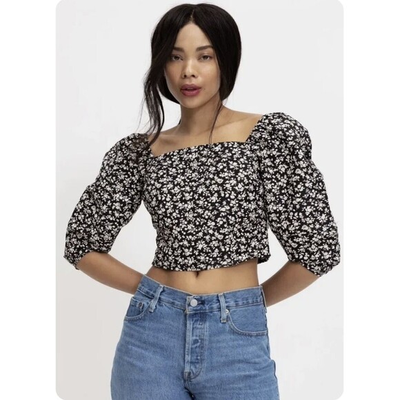 Levi's Women's Yvie Puff Long Sleeve Cropped Blouse Sz XL Floral Black Agate NWT - Picture 1 of 8